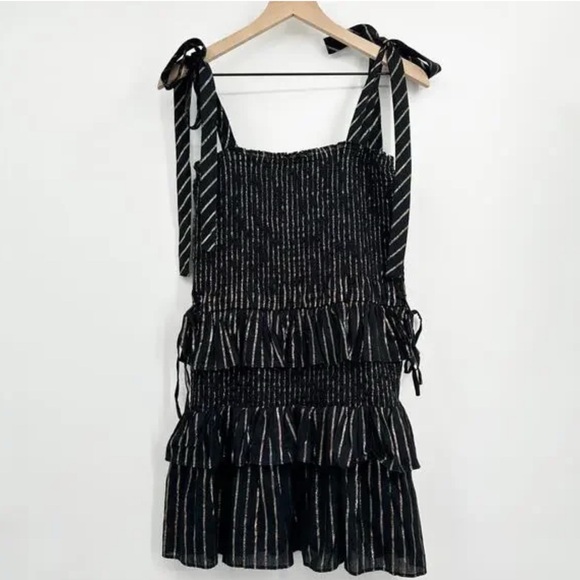 House of harlow 1960 - MD black and gold ruffle mini dress w/tie straps-holiday - Picture 3 of 15